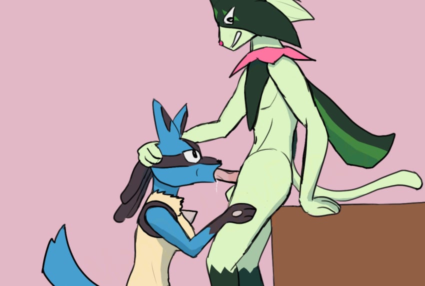 anthro balls blue_body bodily_fluids breasts cum cum_in_mouth cum_inside digital_media_(artwork) duo fellatio female generation_4_pokemon generation_9_pokemon genital_fluids genitals green_body hand_on_head humanoid_genitalia humanoid_penis lucario male male/female manofmanyfaces meowscarada multicolored_body nintendo oral penile penis pink_nose pokemon pokemon_(species) sex shaded simple_background simple_shading spikes standing tail two_tone_body