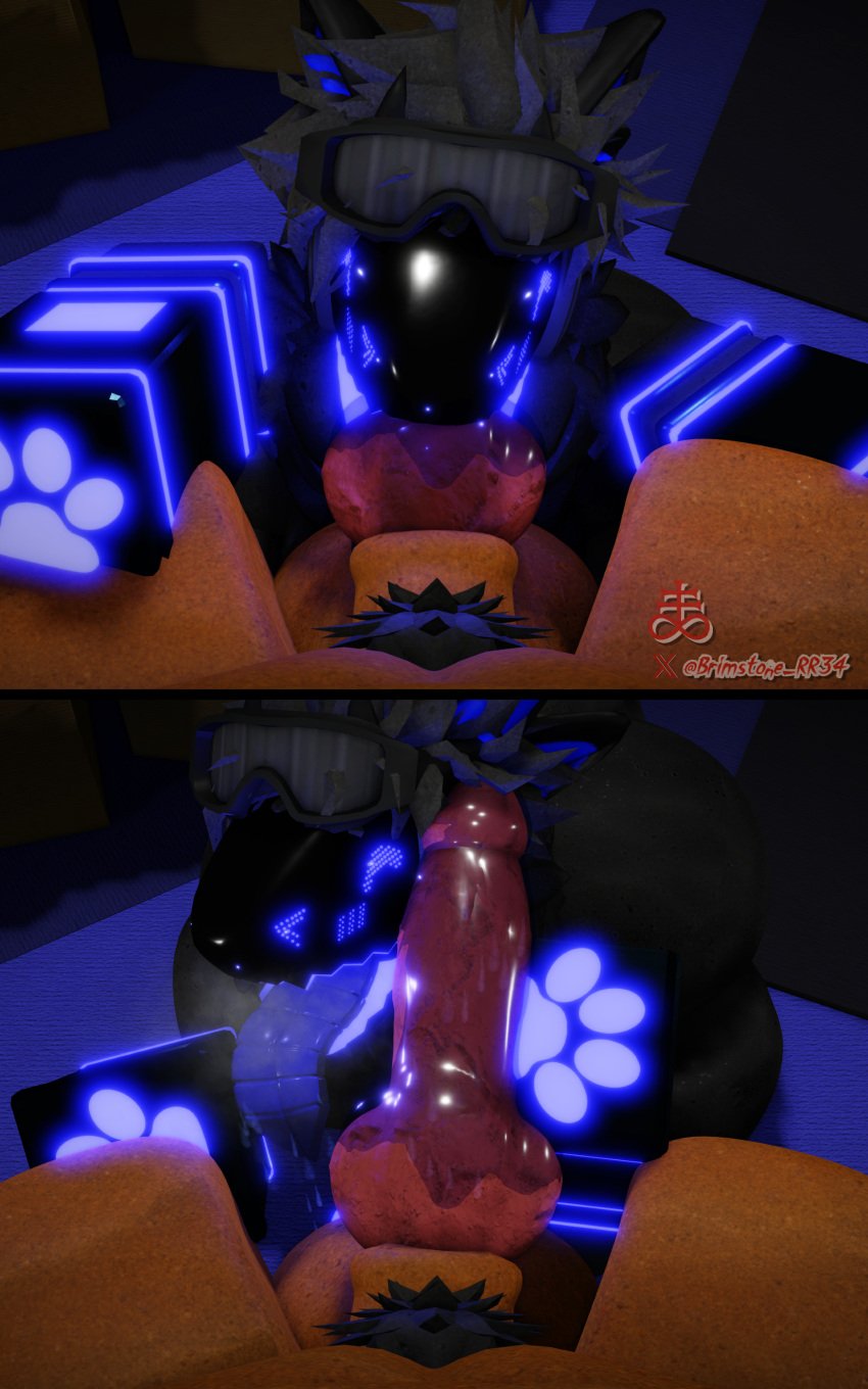 3d 3d_(artwork) 4k 5:8 black_fur blowjob blush brimstone_rr34 canine_penis comic goggles_on_head holding_penis holding_thighs masturbation neck_fur neck_tuft neon_lights on_floor on_knees open_mouth orange_fur paw_print protogen pubic_hair purple_eyes roblox robotic_tongue saliva saliva_drip sapphire_(brimstone_rr34) sitting_on_knees steam tongue tongue_out tongue_out_blowjob two_panel_image watermark