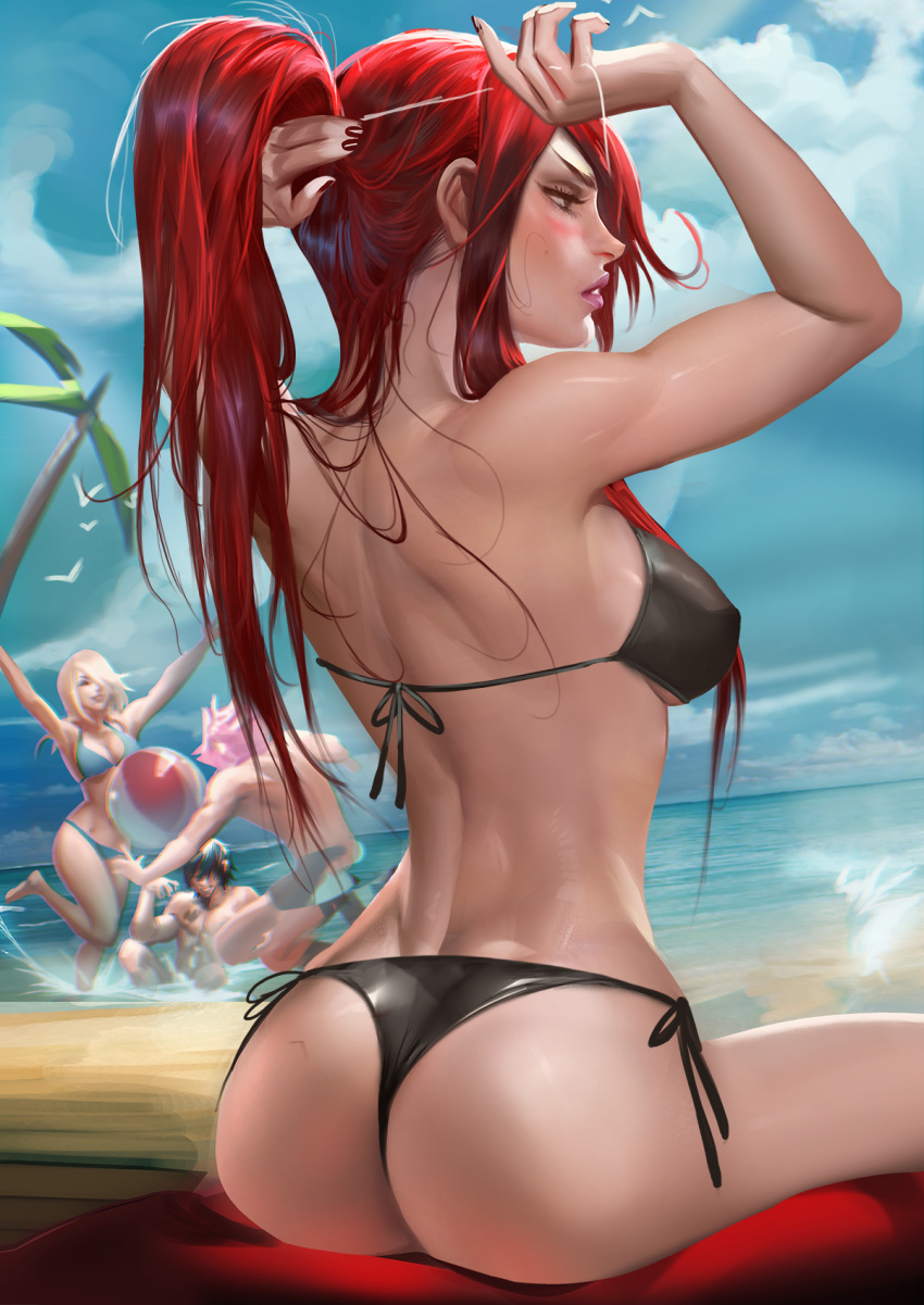 2boys 2girls ass beach bikini blonde_hair breasts dat_ass erza_scarlet fairy_tail female gray_fullbuster lucy_heartfilia male natsu_dragneel red_hair sakimichan sideboob sitting solo_focus tattoo wet