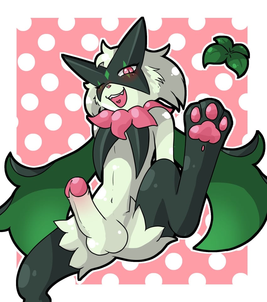 3_toes akari_dealer anthro feet femboy generation_9_pokemon genitals hi_res hindpaw looking_at_viewer male male_focus male_only meowscarada nintendo one_eye_closed pawpads paws penis pokemon pokemon_(species) raised_leg solo spread_legs spreading toes wink winking_at_viewer