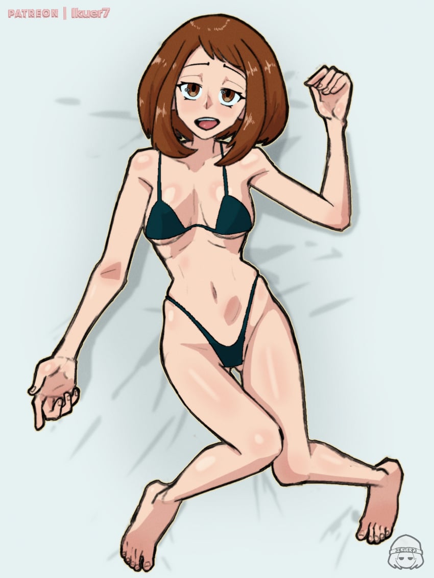 belly bikini blush blush brown_eyes brown_hair feet ikuer7 laying_down laying_on_bed light-skinned_female light_skin looking_at_viewer medium_breasts medium_hair my_hero_academia ochako_uraraka skimpy skimpy_bikini skimpy_clothes tight_clothing toes uraraka_ochako