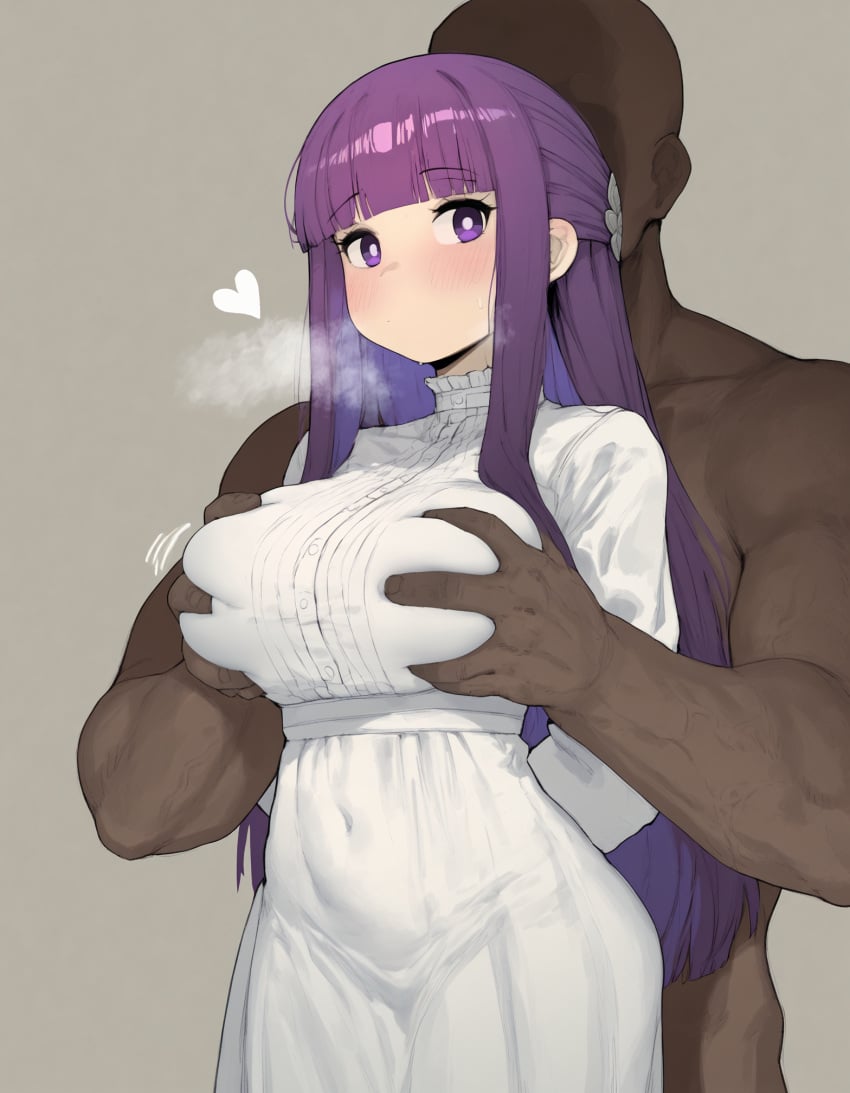 1boy 1girls ai_generated arms_behind_back blunt_bangs blush breast_grab clothed_female_nude_male covered_navel curvy dark-skinned_male faceless_male fern_(sousou_no_frieren) frieren_beyond_journey's_end heart heavy_breathing large_breasts long_hair looking_at_viewer purple_eyes purple_hair size_difference sousou_no_frieren straight sweatdrop white_dress