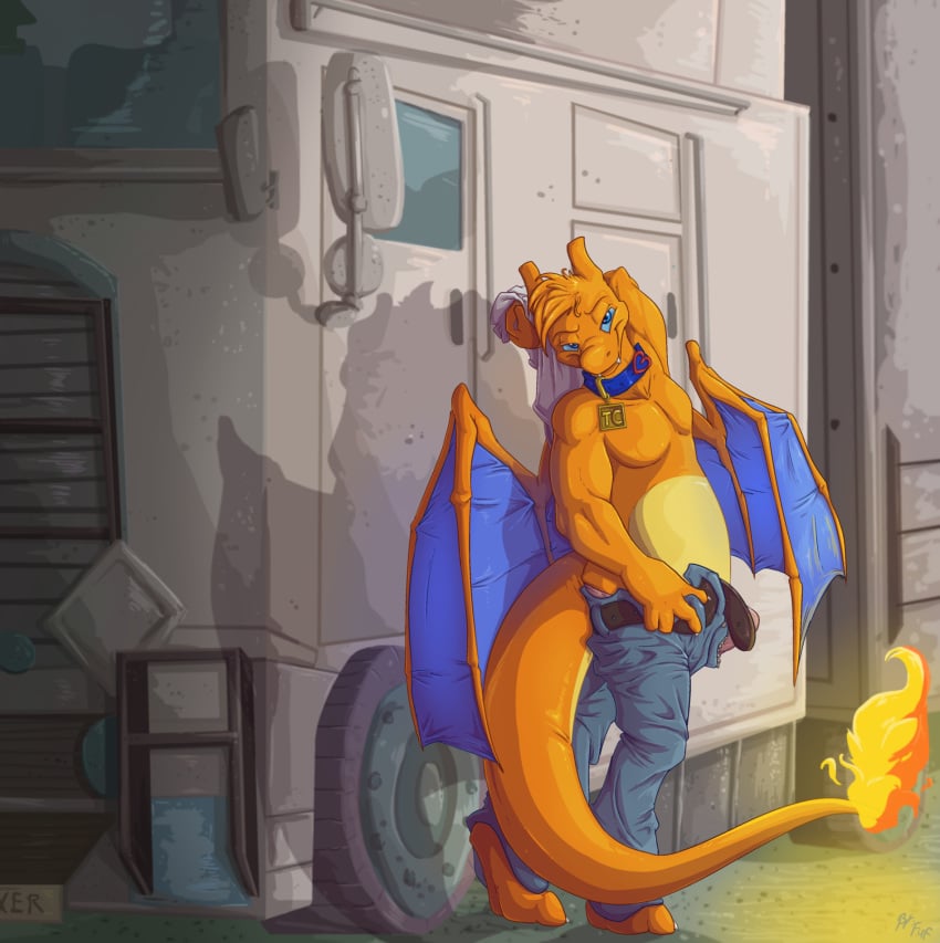 1boy anthro blue_eyes charizard claws clothed clothing collar erection fuf half-dressed male male_only nintendo orange_skin penis pokemon pokemon_(species) pose raised_arm smile solo tucker undressing video_games wings