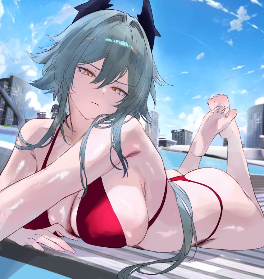 big_ass big_breasts bikini caesar_king_(zenless_zone_zero) feet_up horns legs_up long_hair looking_at_viewer qiandaiyiyu soles tagme zenless_zone_zero