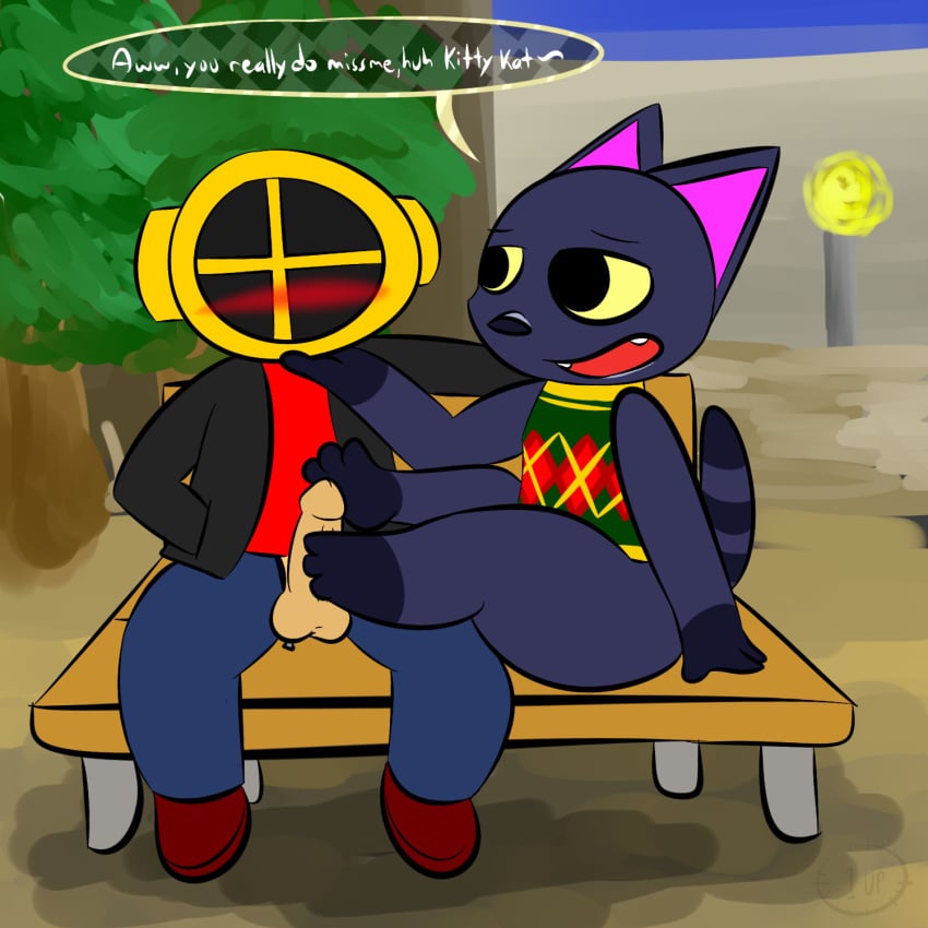 1-upclock animal_crossing balls blush clothed clothing duo erection feet feline female foot_fetish footjob fur hair handjob kiki_(animal_crossing) male mammal nintendo open_mouth penis simple_background smile straight text video_games