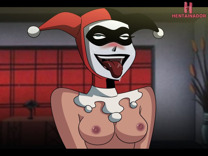 1girls ahe_gao batman_(series) blue_eyes breasts dc_comics female harley_quinn harley_quinn_(classic) hentainador nipples pleasure_face solo to tongue tongue_out