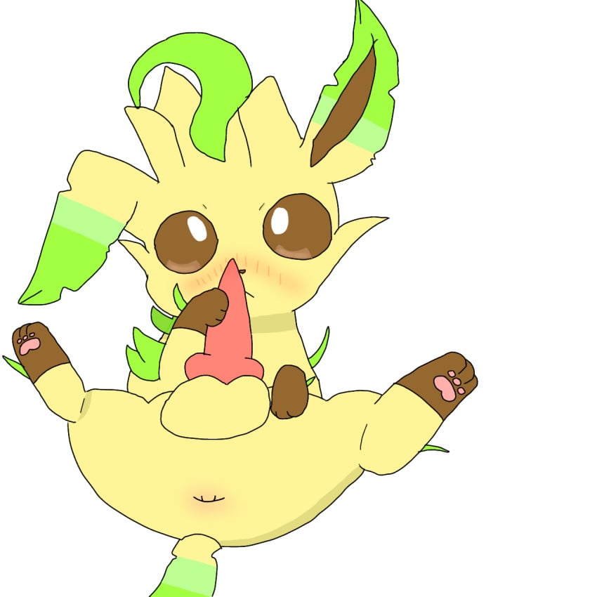 anus ass balls blush brown_eyes brown_fur generation_4_pokemon green_fur hand_on_penis hi_res leafeon male male_only penis pokemon pokemon_(species) presenting_penis raised_tail solo spread_legs tagme uncensored yellow_fur