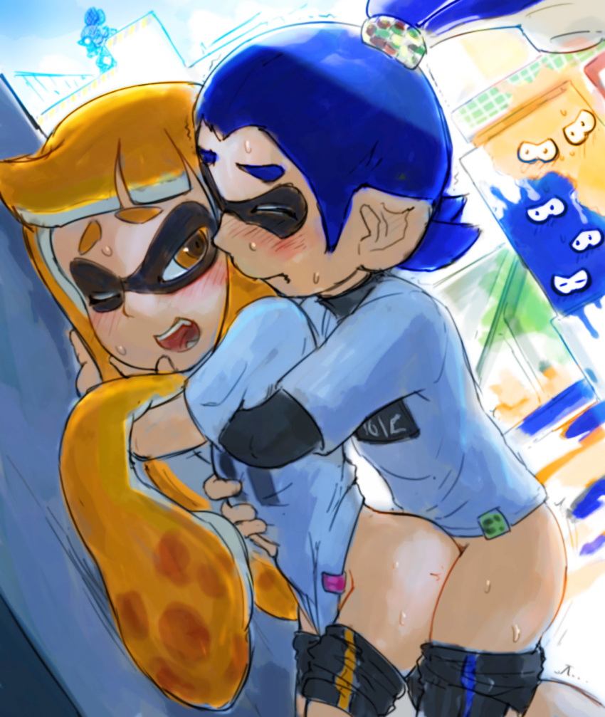 anthro being_watched blue_eyes blue_hair blush cephalopod cephalopod_humanoid closed_eyes clothed clothing exhibitionism female hair humanoid inkling inkling_boy inkling_girl john_(splatoon) kabeu_mariko kaori_(splatoon) looking_back male male/female marine mask_(marking) nintendo open_mouth orange_eyes orange_hair pointy_ears sex shorts shorts_down splatoon squid straight sweat tentacle tentacle_hair video_games