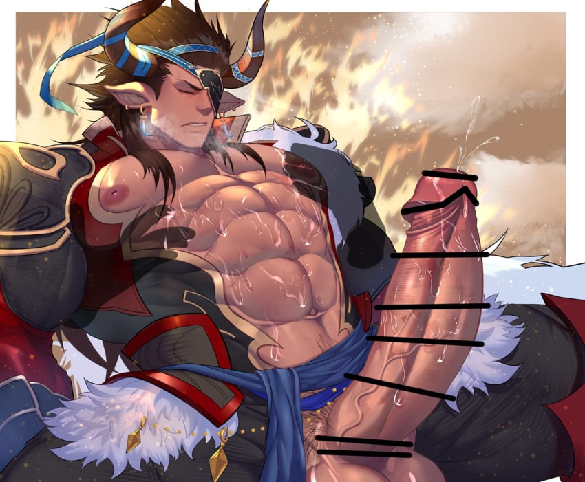 animal_ears balls bara big_balls big_penis boner censored_penis cow_ears disembodied_hands draph erection firenzesaika granblue_fantasy horns huge_cock male male_only muscles muscular penis penis_out reinhardtzar