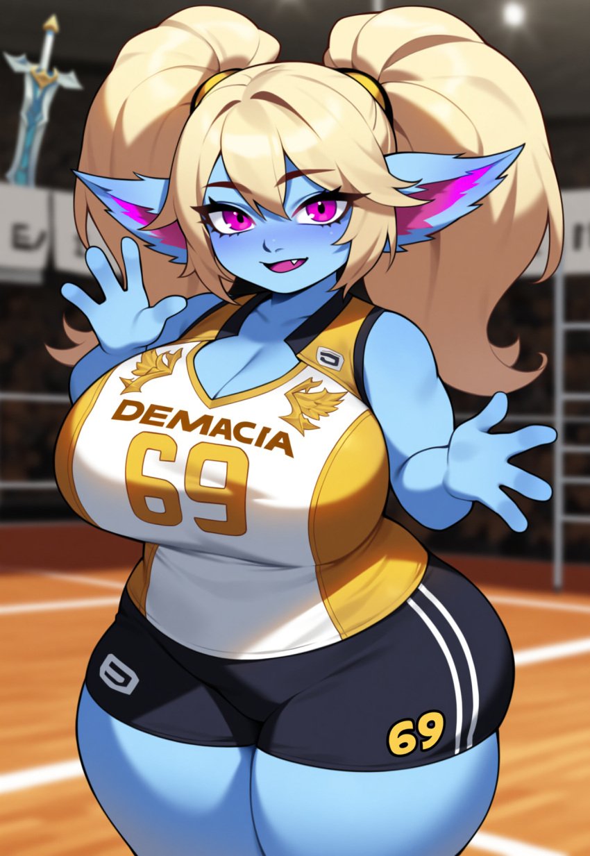 1girls ai_generated blonde_hair blue_skin cleavage league_of_legends looking_at_viewer nai_diffusion pink_eyes pointy_ears poppy riot_games shorts shortstack sports_uniform stable_diffusion thick thick_thighs thighs twintails volleyball_uniform yordle