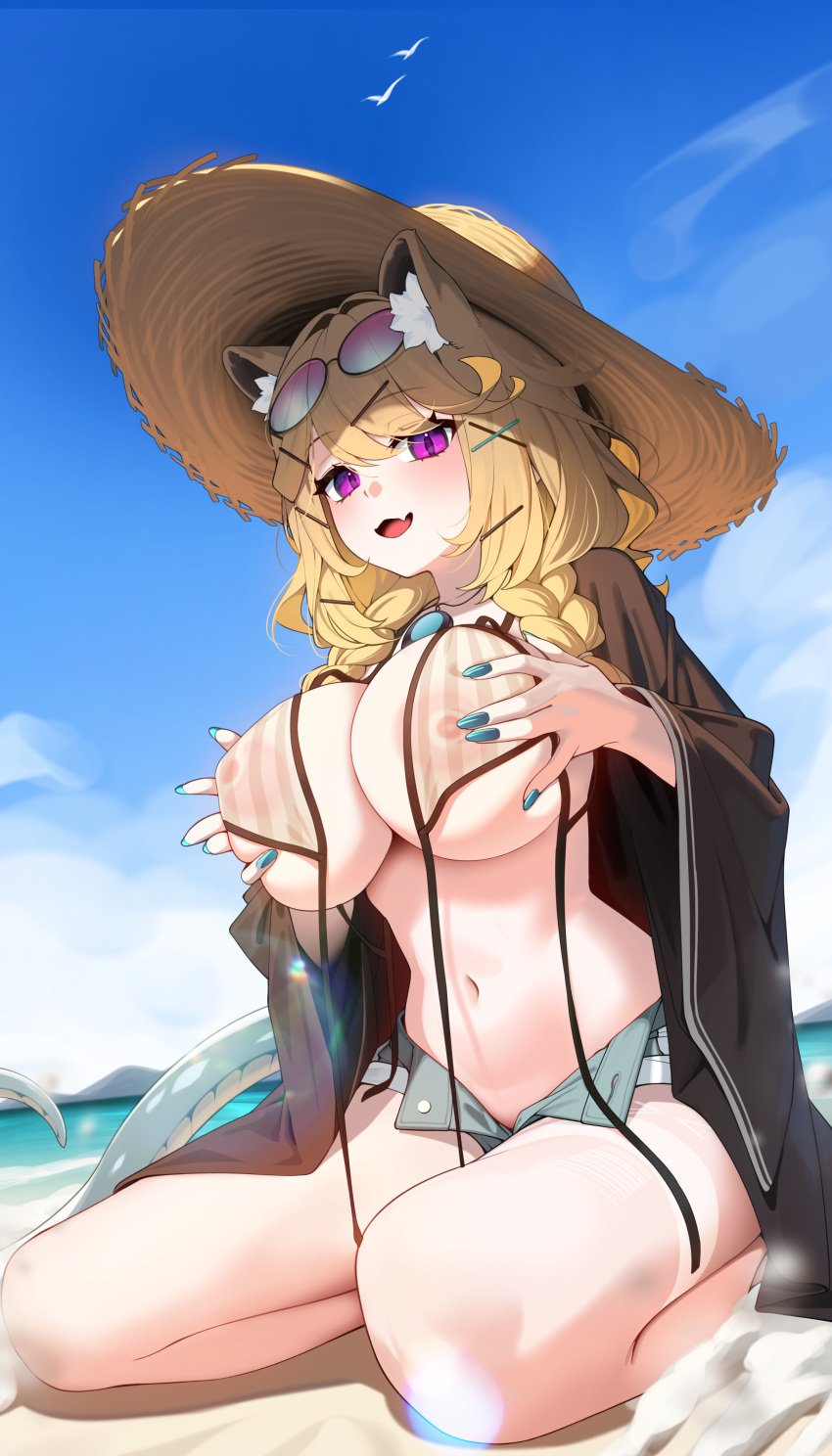 1girls animal_ears areola_slip areolae areolae_visible_through_clothing arknights beach belly big_breasts bikini blonde_hair blush bra braided_hair breasts dutch_angle ear_fluff ett fangs female female_only hands_on_breasts hands_on_own_breasts hat highres huge_breasts kemonomimi kneeling knees large_breasts legs light-skinned_female light_skin long_tail looking_at_viewer looking_down looking_down_at_viewer magenta_eyes nail_polish navel necklace nipples nipples_visible_through_clothing open_mouth open_smile outdoors outside partially_clothed pendant purple_eyes seductive see-through see-through_bra shorts sky smile solo stomach straw_hat sunglasses_on_head swimsuit tail thick_thighs thighs thin_tail turquoise_nails unbuttoned_shorts untied untied_bikini utage_(arknights) utage_(summer_flowers)_(arknights) waist