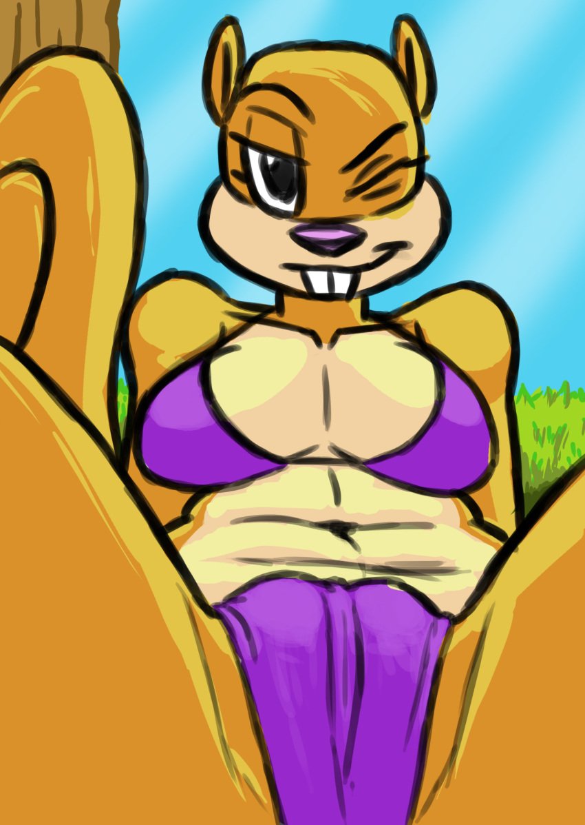 abs anthro bikini bra breasts brown_fur buck_teeth cameltoe close_up clothed clothing female female_only fur furry hi_res large_breasts mammal outdoors panties pink_nose pussy sandy_cheeks smile solo spongebob_squarepants squirrel stiffgibbler straight_hair tail two_tone_fur wink