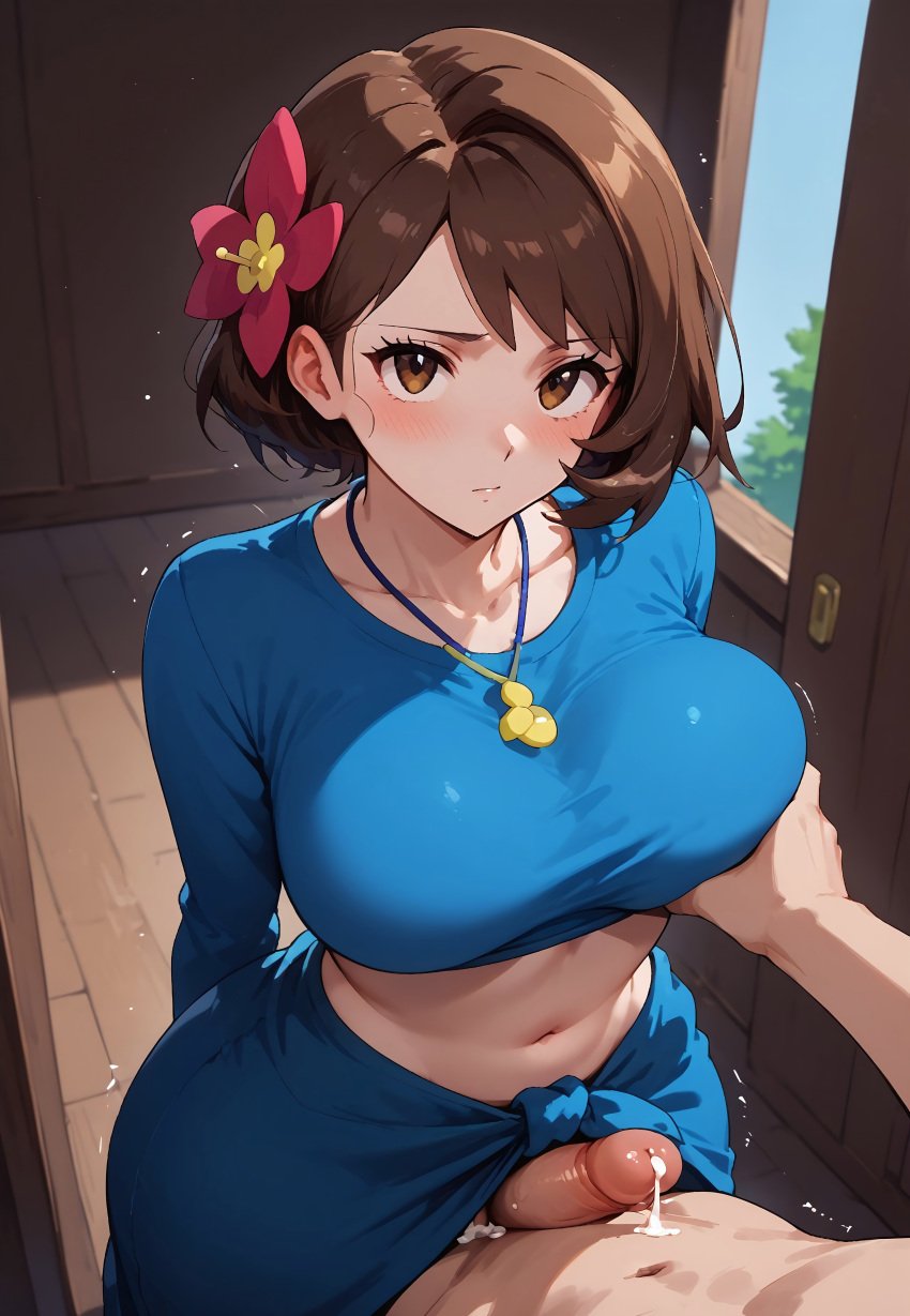 1boy1girl absurd_res absurd_resolution absurdres ai_assisted ai_generated alternate_costume blush blushing blushing_female brown_eyes brown_hair busty chest_grab clothed clothed_female_nude_male cum day daytime detailed detailed_background front_view game_freak gloria_(pokemon) grabbing_breasts groping groping_breasts hair_flower high_resolution highres indoors jewelry looking_at_viewer medium_breasts navel necklace nintendo pokemon pokemon_ss pov questionable_consent sarong self_upload shirt standing thick_thighs throbbing_penis voluptuous_female wide_hips