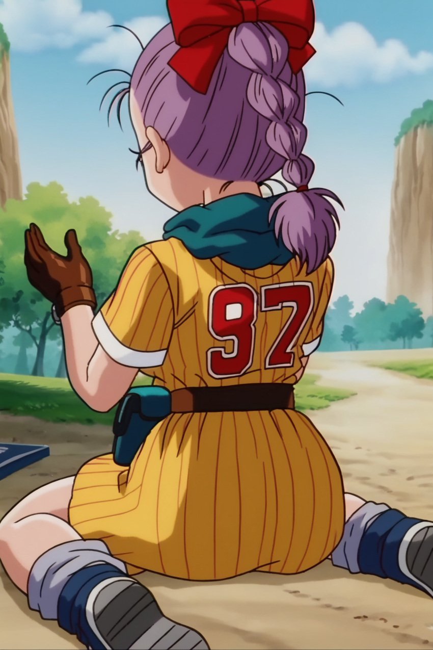 ai_generated ass bangs belt bent_knees blue_sky boots bow braid brown_gloves bulma_(dragon_ball) bulma_briefs buttocks clothing cloud day dragon_ball dragon_ball:_the_path_to_power dragon_ball_(classic) dragon_ball_the_path_to_power dress facing_away female footwear from_behind gloves grass hair_ornament hair_ribbon hairbow kneeling long_hair looking_at_viewer loose_socks outdoors ponytail purple_hair ribbon shoes short_hair short_sleeves single_braid sitting sky socks solo teen teen_girl teenage teenage_girl teenager tied_hair tree wariza