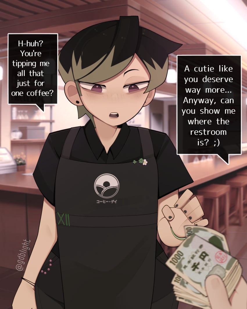 2boys ;) anonymous_male apron aspen_(gdblight) before_sex black_hair clothed dyed_hair femboy gdblight male_only male_prostitute male_prostitution money nail_polish original pink_eyes prostitution smaller_male text yaoi