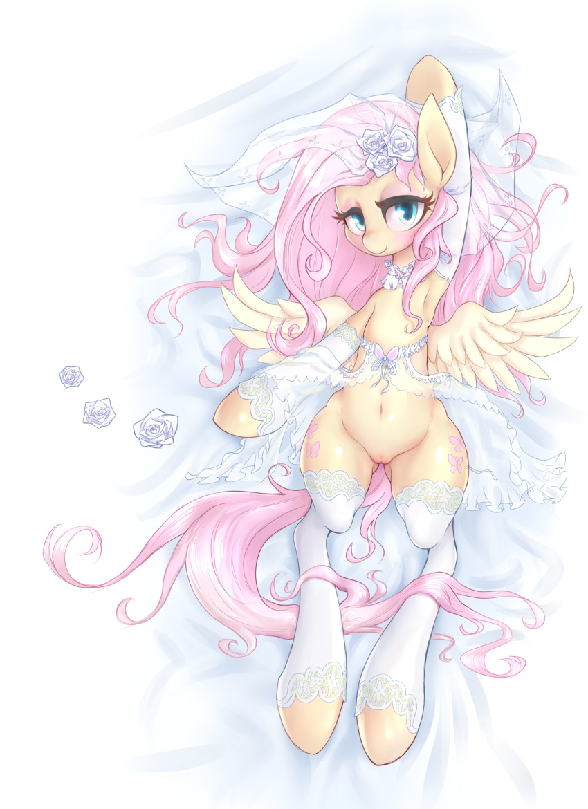 2015 absurd_res cutie_mark equine female fluttershy_(mlp) friendship_is_magic long_hair looking_at_viewer lying mammal mlpanon my_little_pony navel on_back pegasus pink_hair pussy see-through solo straight_hair thighhighs wings