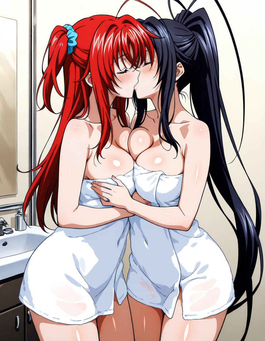 2girls ahoge ai_generated akeno_himejima antenna_hair bathroom big_ass black_hair blush breast_grab breasts_pressed_together closed_eyes couple crimson_hair female_only hair_ribbon high_school_dxd kissing large_breasts lesbian light_skin ponytail rias_gremory towel very_long_hair voluptuous yuri