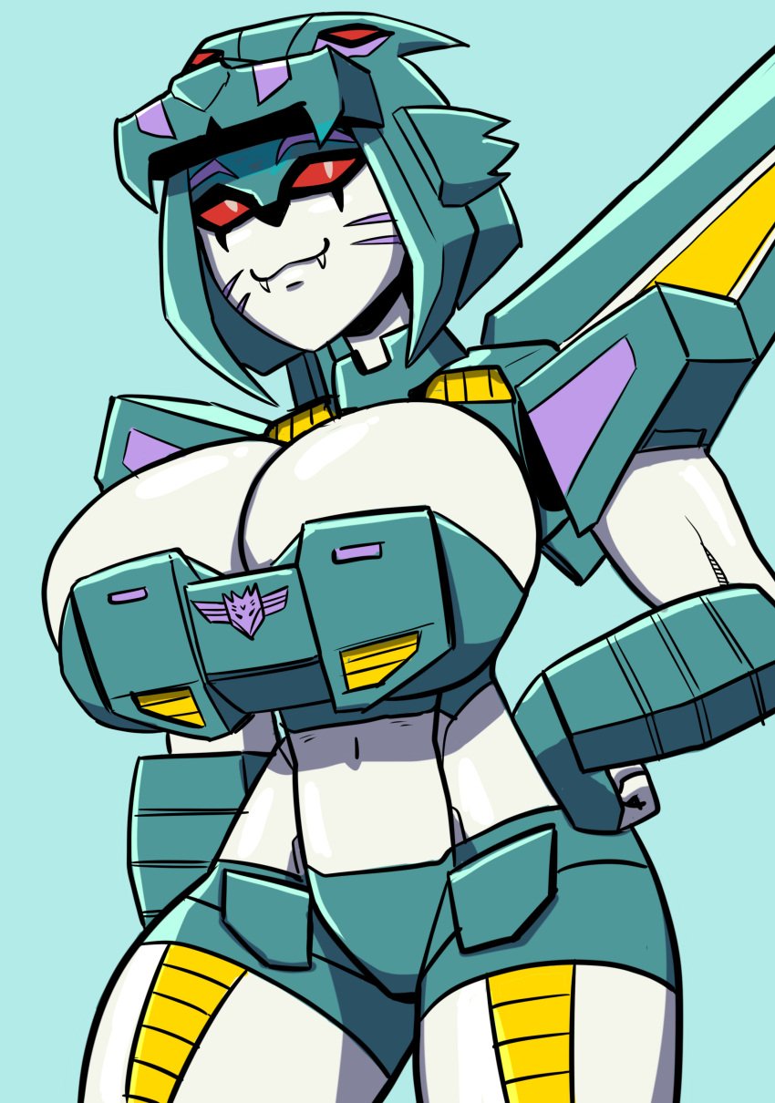 1girls big_breasts breasts busty cleavage decepticon decepticon_insignia donut_doodles fangs green_shorts hand_on_hip lyzack red_eyes robot robot_girl robot_humanoid shorts solo solo_female transformers