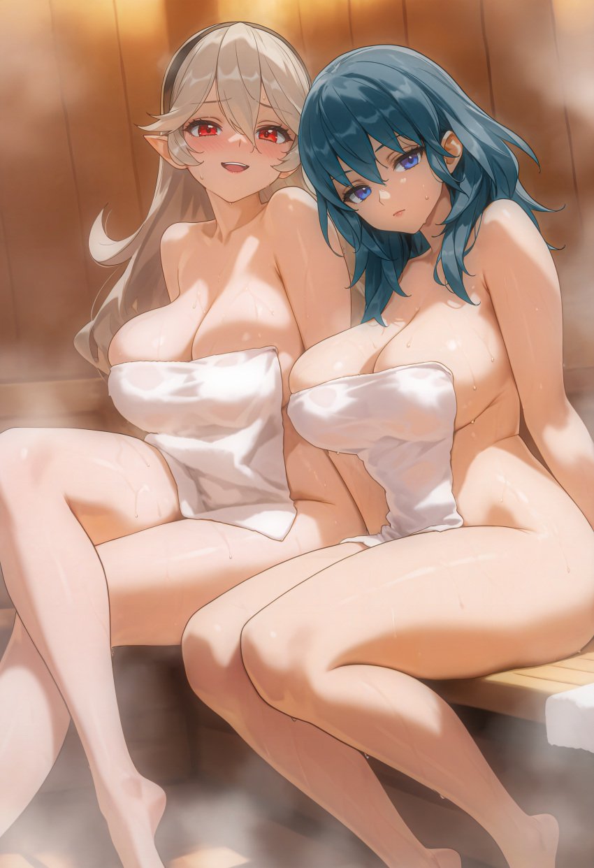 2girls 4k ai_generated big_breasts blue_eyes blue_hair byleth_(fire_emblem) byleth_(fire_emblem)_(female) cleavage corrin_(fire_emblem) corrin_(fire_emblem)_(female) crossed_legs expressionless female female_only fire_emblem fire_emblem:_three_houses fire_emblem_fates fire_emblem_heroes hairband happy happy_female heat high_quality high_resolution highres huge_breasts large_breasts long_hair medium_hair nintendo nude nude_female red_eyes sauna sideboob silver_hair sitting sitting_down smile stable_diffusion steam steamy sweat sweatdrop sweating sweaty_body teeth_showing textless textless_version thick_thighs towel towel_only towel_over_breasts voluptuous voluptuous_female vysetf