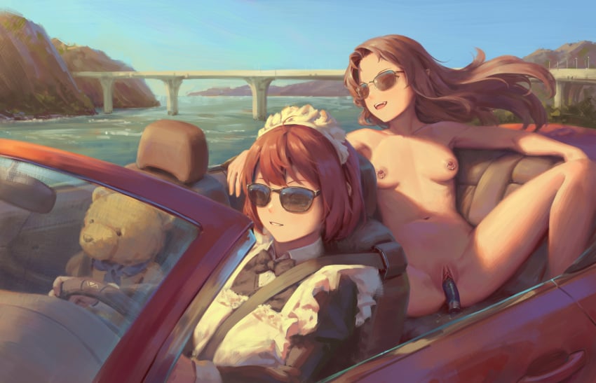 2girls bigrbear blue_sky boat clothed_female_nude_female completely_nude day highres human_only long_hair maid multiple_girls nipples nude original outdoors sky uncensored watercraft