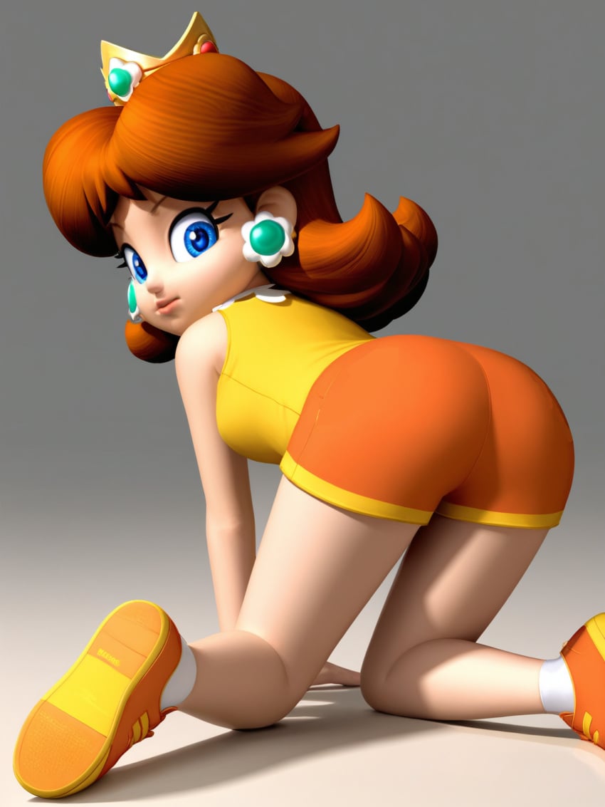 1girls ai_generated all_fours ass ass_focus bare_legs blue_eyes breasts brown_hair buttocks clothing crown earrings energetic fat_ass female female_only flipped_hair flower_earrings footwear from_behind full_body headwear huge_ass jewelry large_ass legs lips long_hair looking_at_viewer looking_back mario_&_sonic_at_the_olympic_games mario_(series) nintendo princess princess_daisy sassy shirt shoes shorts simple_background sleeveless sneakers sniffable_ass socks solo super_mario_bros. super_mario_land thighs tomboy young_female