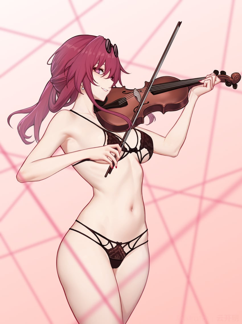 1girls ass black_lingerie breasts honkai:_star_rail kafka_(honkai:_star_rail) lingerie official_alternate_costume purple_eyes purple_hair short_hair violin