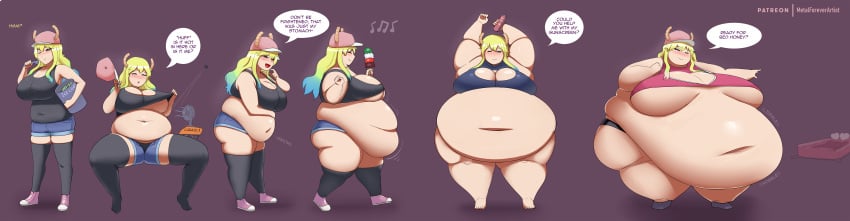 baseball_cap bbw bed_break big_belly big_breasts black_tank_top blonde_hair denim_shorts double_belly fanning_self fat fat_belly female female_only girl heterochromia ice_cream large_belly low_angle lucoa metalforever miss_kobayashi's_dragon_maid obese overweight quetzalcoatl_(dragon_maid) sequence ssbbw sunscreen weight_gain weight_gain_sequence