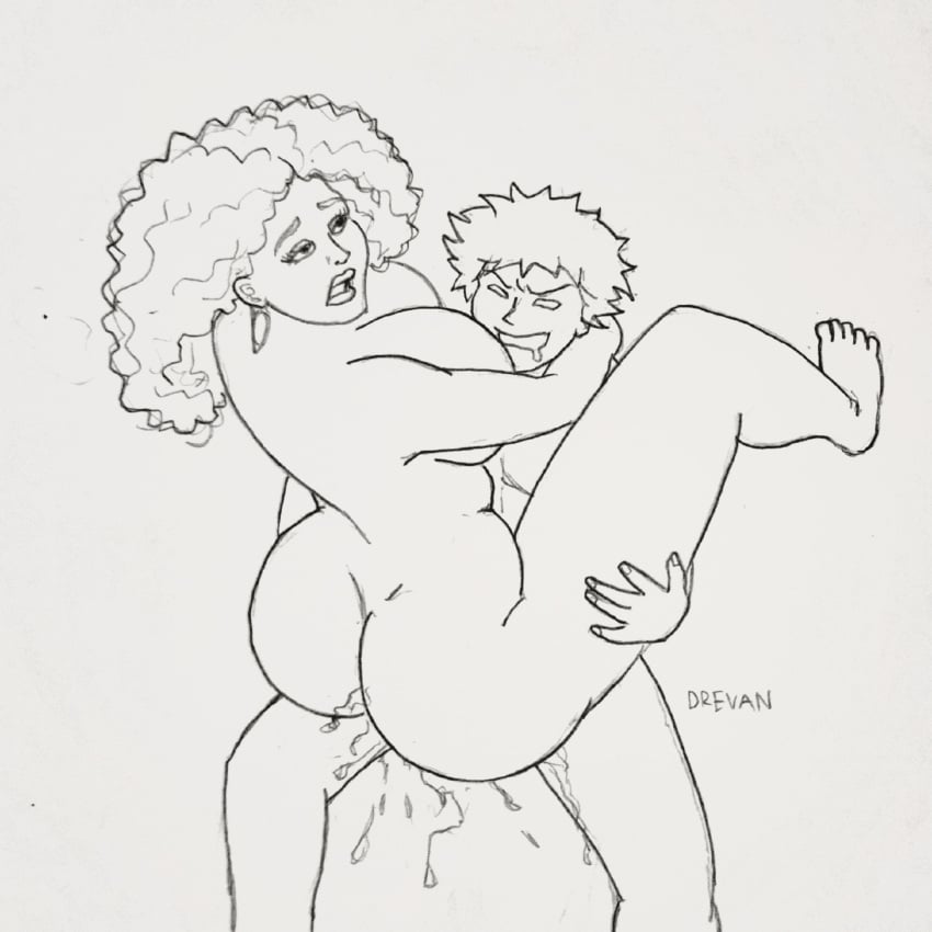 1boy 1girls 2d 2d_(artwork) age_difference artist_upload ass big_ass big_breasts breasts curly_hair drevan drooling earrings fanart half-closed_eyes huge_breasts interracial large_breasts line_art monochrome ms._pamela no_pupils pencil_(artwork) pussy_juice rough_sex self_upload simple_background spiky_hair stand_and_carry_position standing standing_sex teacher_and_student tim_(melkor_mancin) traditional_media_(artwork) vaginal_penetration voluptuous