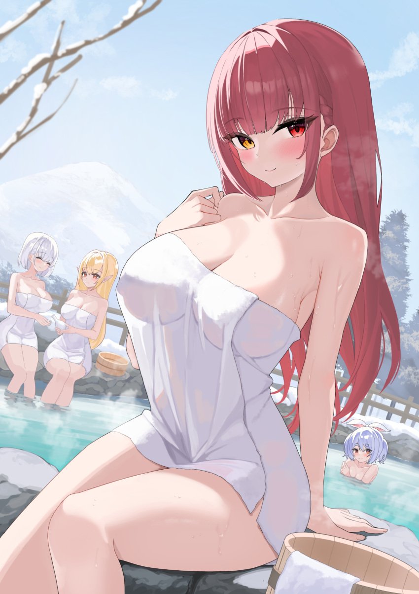 4girls arm_support blush breasts collarbone commentary elf heterochromia highres hololive hololive_fantasy houshou_marine large_breasts long_hair looking_at_viewer multiple_girls naked_towel onsen oritonagi outdoors pointy_ears red_eyes red_hair same-sex_bathing shared_bathing shiranui_flare shirogane_noel sitting symbol-only_commentary thighs towel usada_pekora virtual_youtuber yellow_eyes