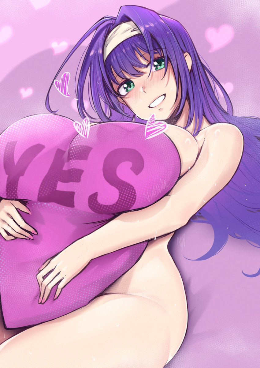 1girls fire_emblem fire_emblem:_path_of_radiance fire_emblem:_radiant_dawn green_eyes hairband large_breasts looking_at_viewer mia_(fire_emblem) nintendo pillow pillow_grab pillow_hug purple_hair thick_thighs thighs vialnite yes_pillow