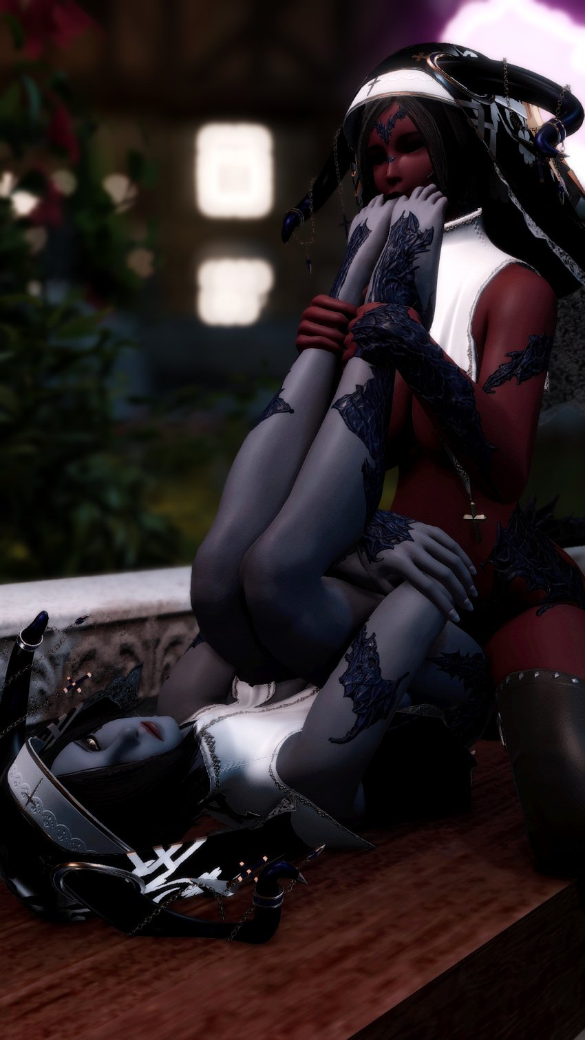 1girl1futa 2girls 3d arms_under_legs au_ra blue_skin bored bored_expression feet feet_up final_fantasy_xiv foot_fetish futanari gpose(ffxiv) holding_legs looking_at_viewer notalewdie original_character penetration red_skin sucking_toes yuri