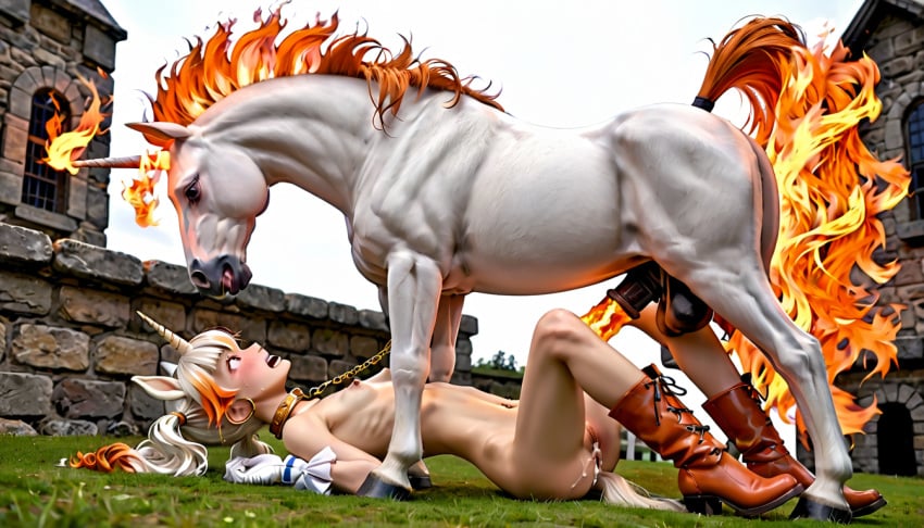 ai_generated before_anal before_rape before_sex chains cum cum_inside fire fire_princess_reina horse horse_girl horse_man horsecock monster monster_girl nipple_piercing orange_hair original_character outside rape scared_expression terror139 tongue tongue_out unicorn zelfara_monster_girls