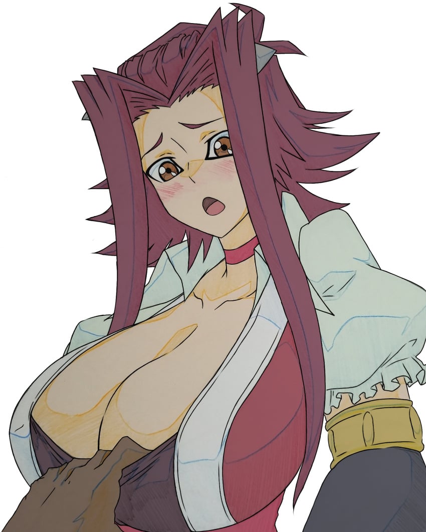 1girls abooru akiza_izinski blush breasts brown_eyes clothing color edit embarrassed female female_only izayoi_aki large_breasts looking_at_another mitarashi_o nervous no_bra open_mouth png red_hair surprised taking_clothes_off transparent_background yu-gi-oh! yu-gi-oh!_5d's