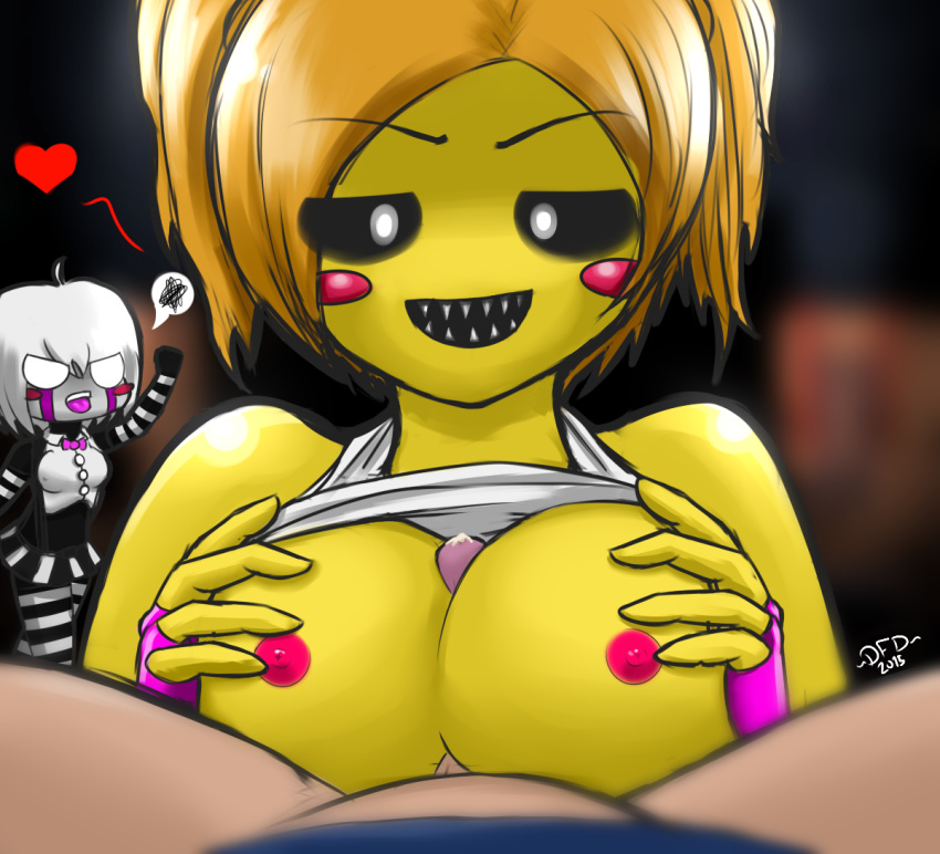 1boy 2015 2girls :d angry animatronic bib blank_eyes bow_tie breasts brown_hair datfurrydude elbow_gloves erect_nipples erection faceless_male female five_nights_at_freddy's five_nights_at_freddy's_2 gloves happy_sex heart humanized jeremy_fitzgerald looking_at_viewer male marionette_(fnaf) multiple_females naughty_face nipples open_clothes open_mouth open_shirt paizuri penis pink_gloves pov precum puppet_(fnaf) rule_63 sex sharp_teeth shirt short_hair spread_legs straight striped striped_legwear teeth thighhighs tongue toy_chica_(fnaf) white_hair white_shirt