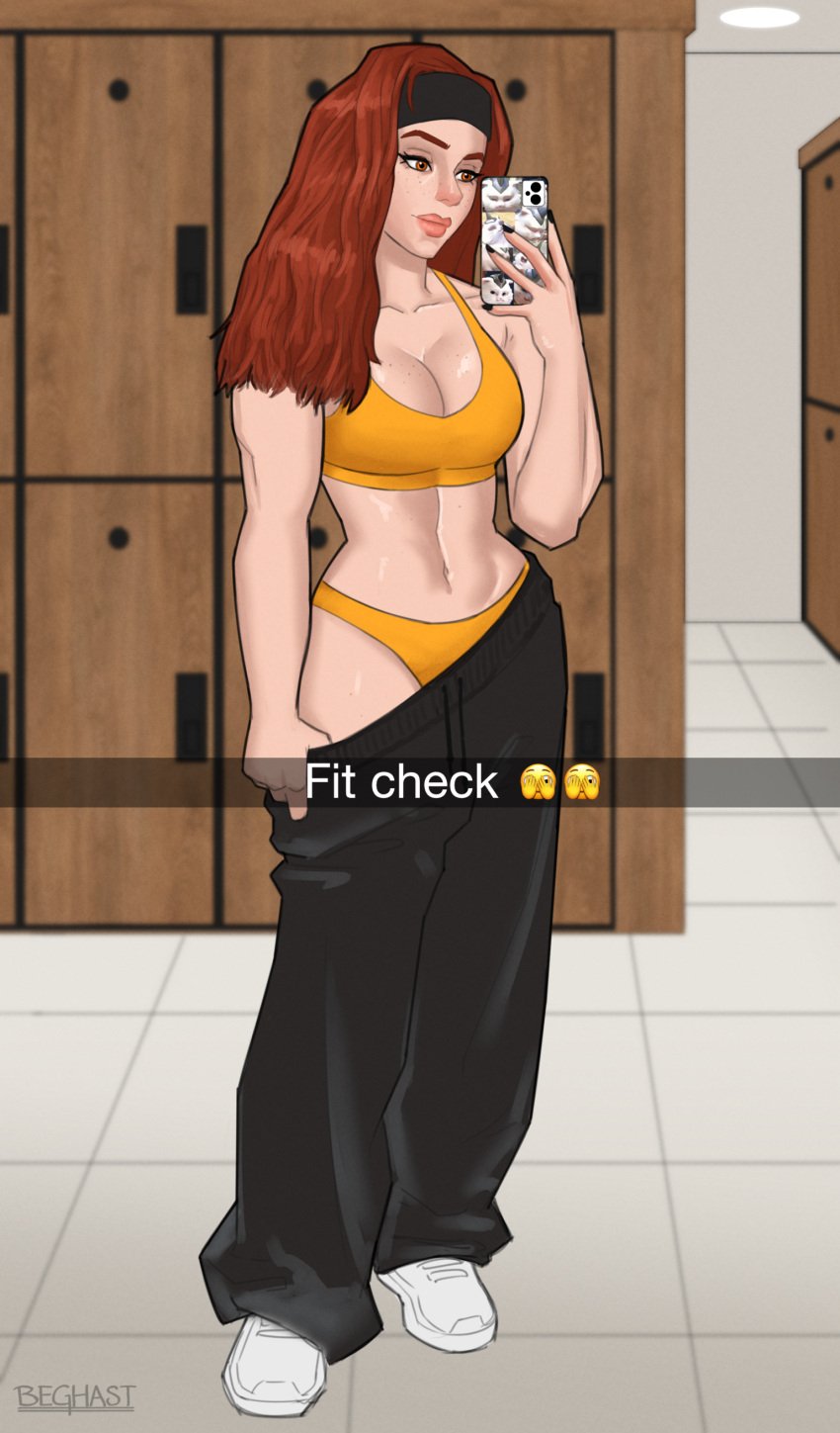 1girls abs beghast blizzard_entertainment brigitte brigitte_lindholm female fit fit_female gym gym_clothes high_resolution highres light-skinned_female locker_room muscular_female overwatch overwatch_2 pulling_down_pants selfie solo sports_bra sportswear