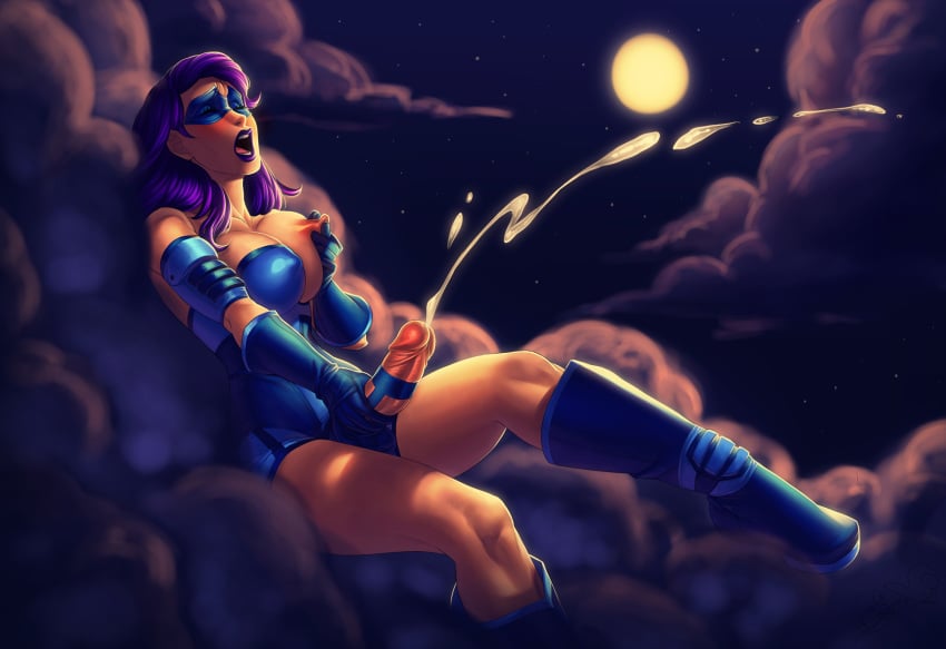 1futa blue_boots blue_gloves boots clouds cum cumshot futa_only futanari intersex mask masturbation moon night night_sky nipple_pinch purple_hair purple_lips sky solo testicles the_phantom_futa thick_thighs uncensored zombiepirate