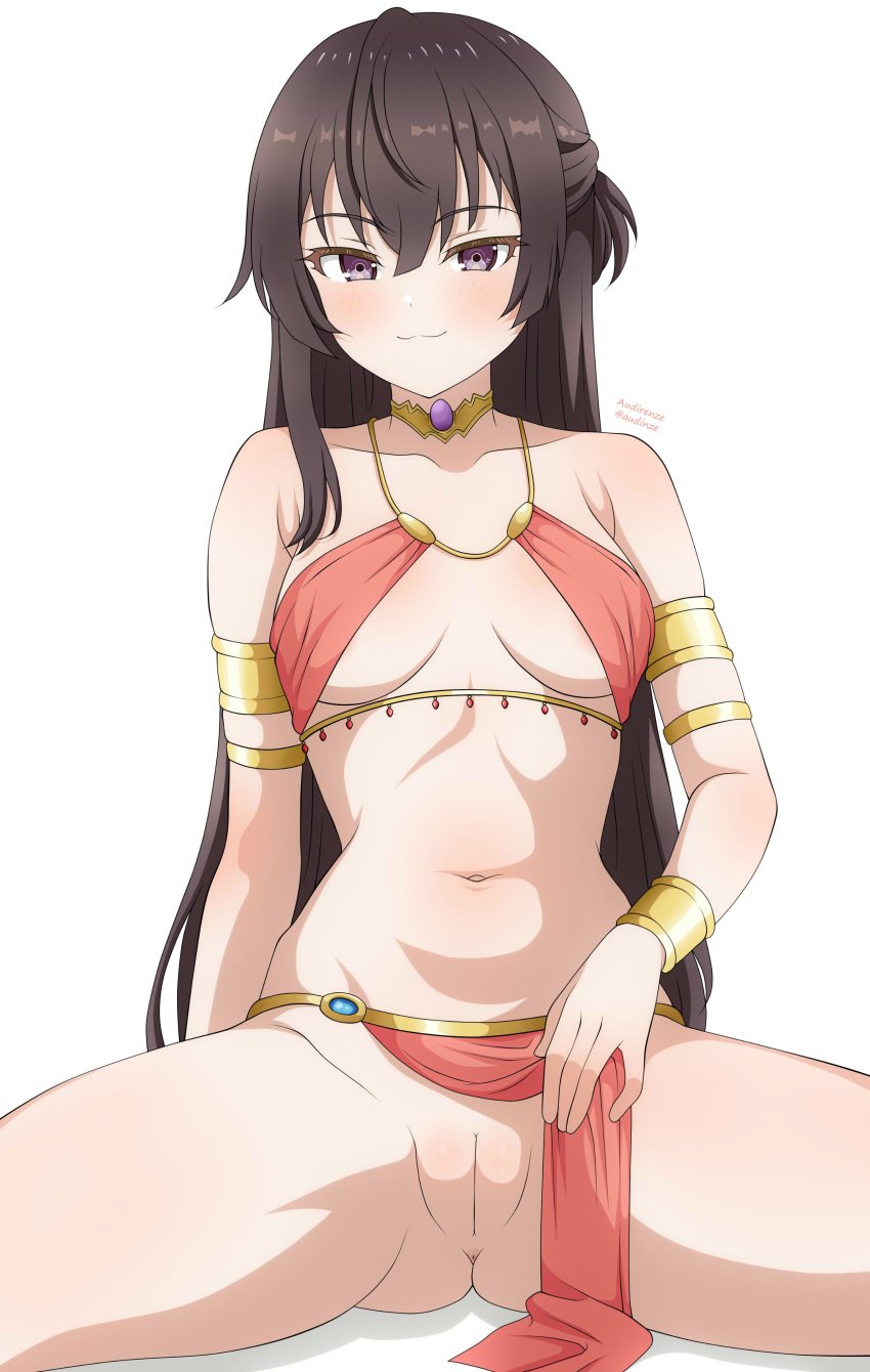 absurdres alternate_costume anus arabian_clothes armlet ass audirenze bikini bikini_top_only breasts brown_eyes brown_hair cleft_of_venus clothing_aside commentary_request female harem_outfit highres jewelry loincloth loincloth_aside long_hair navel neck_ring pelvic_curtain pussy red_bikini revealing_clothes sitting small_breasts solo spread_legs suou_yuki swimsuit tokidoki_bosotto_roshia-go_de_dereru_tonari_no_alya-san uncensored