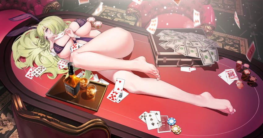 absurdres ace_(playing_card) ace_of_clubs ace_of_diamonds ace_of_spades animal_ears ass azur_lane banknote barefoot breasts briefcase card carpet chair club_(shape) diamond_(shape) dollar_bill eight_of_hearts fake_animal_ears feet female five_of_clubs floating_card four_of_hearts full_body green_hair highres holding holding_card huge_breasts hundred_dollar_bill ice ice_cube indoors jack_daniel's king_(playing_card) king_of_hearts_(playing_card) leotard long_hair long_legs looking_at_viewer lying money money_bag napoli_(azur_lane) napoli_(dreamy_night)_(azur_lane) nine_of_clubs nine_of_hearts no_shoes nontraditional_playboy_bunny official_alternate_costume on_side on_table playboy_bunny playing_card poker_chip poker_table purple_leotard rabbit_ears red_eyes shiran1024 six_of_diamonds six_of_hearts six_of_spades solo spade_(shape) table ten_of_hearts ten_of_spades three_of_spades two_of_hearts very_long_hair white_wrist_cuffs wrist_cuffs