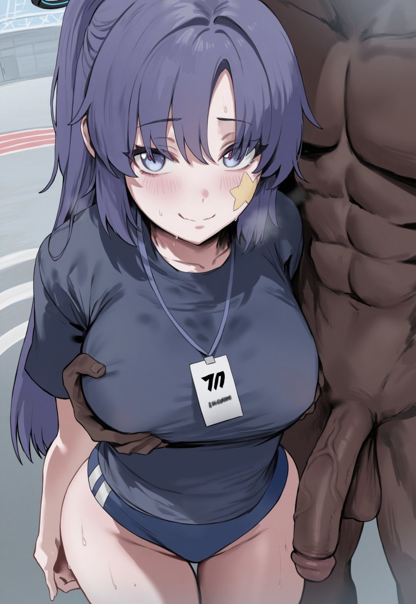 1boy 1girls ai_generated ass big_breasts blue_archive blue_eyes breasts dark-skinned_male fellatio_gesture female female_focus huge_breasts huge_cock large_breasts long_hair looking_at_viewer looking_pleasured millennium_science_school_student ponytail purple_hair seminar_(blue_archive) thick_thighs thighs yuuka_(blue_archive)