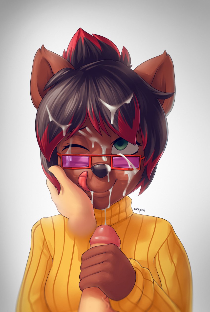 :p anthro black_hair brown_fur canine cum cum_on_glasses cum_on_hair derpah disembodied_hand facial furry green_eyes hand_on_another's_face handjob human human_on_anthro jasira original penis red_hair ribbed_sweater short_hair smile solo_focus sweater tongue tongue_out two_tone_hair wince wolf