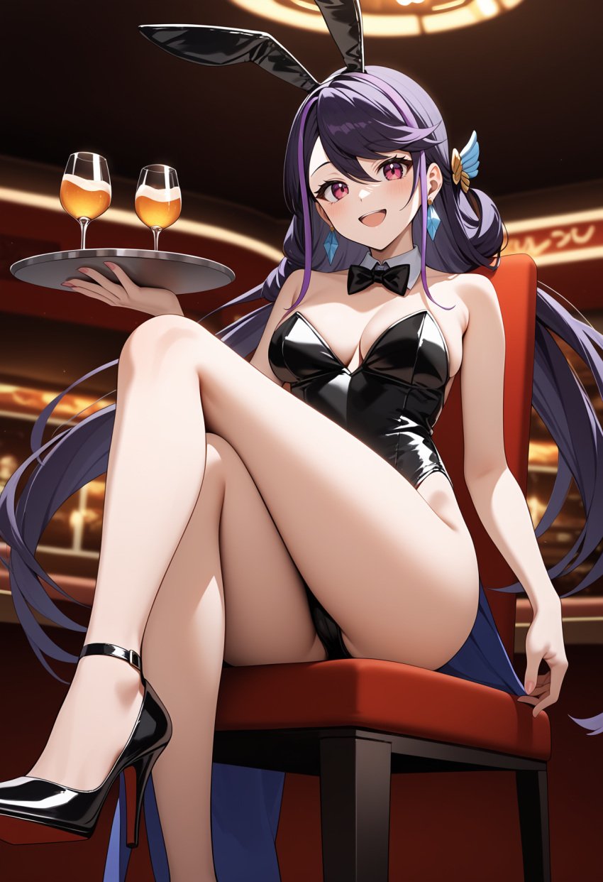 ai_generated ass bare_arms blush bunnysuit earrings female h_madoka hi_res kurosaki_ruri leotard looking_at_viewer low-angle_view lulu_obsidian open_mouth playboy_bunny purple_hair red_eyes smile solo teenager yu-gi-oh! yu-gi-oh!_arc-v