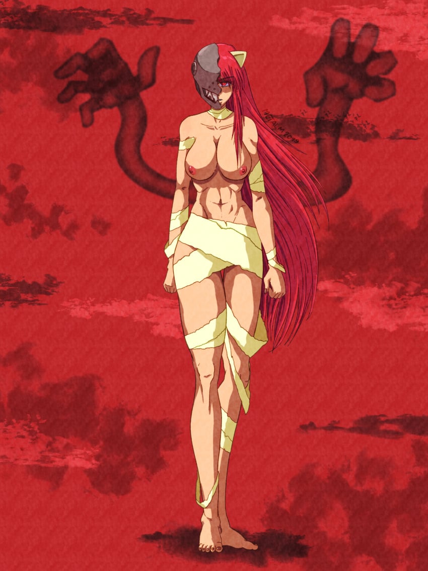 angry_expression bandages bare_hands bare_knees bare_shoulders barefoot elfen_lied eyebrows_visible_through_hair helmet_covering_face large_breasts long_hair lucy_(elfen_lied) metalm muscular_female pink_hair red_background red_eyes reddish_hair vectors