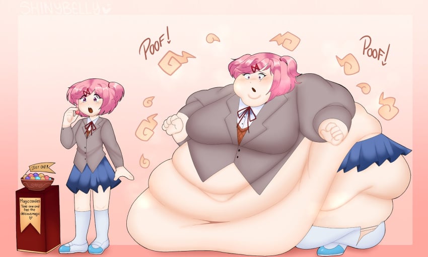 1girls 2025 artist_name bbw before_and_after belly_folds belly_overhang big_belly candy color commission doki_doki_literature_club fat fat_thighs huge_belly huge_breasts natsuki_(doki_doki_literature_club) obese onomatopoeia pink_eyes pink_hair ssbbw tagme weight_gain