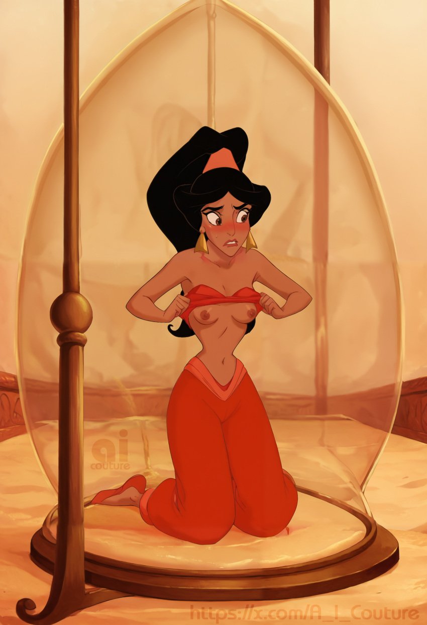 ai_assisted ai_couture ai_generated aladdin arabian arabian_female bad_end bare_shoulders black_hair breasts_exposed breasts_out brown_eyes disney disney_princess earrings embarrassed embarrassed_nude_female enf forced_exposure harem_outfit harem_pants nipples princess_jasmine removing_clothing taking_clothes_off tan_skin undressing