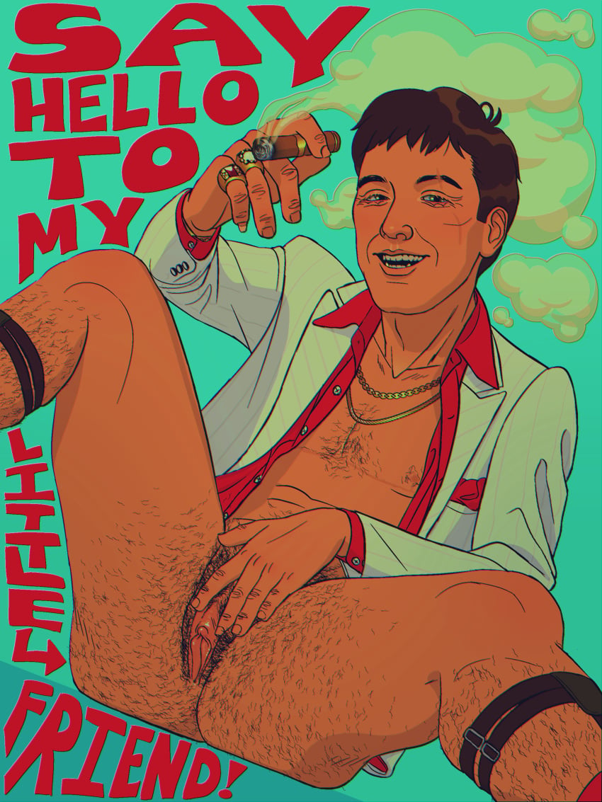 body_hair cuntboy cuntboy_only emetofiles english_text intersex no_pants pubic_hair pussy scarface smoking smoking_cigar sock_garters socks spread_pussy tony_montana unbuttoned_shirt