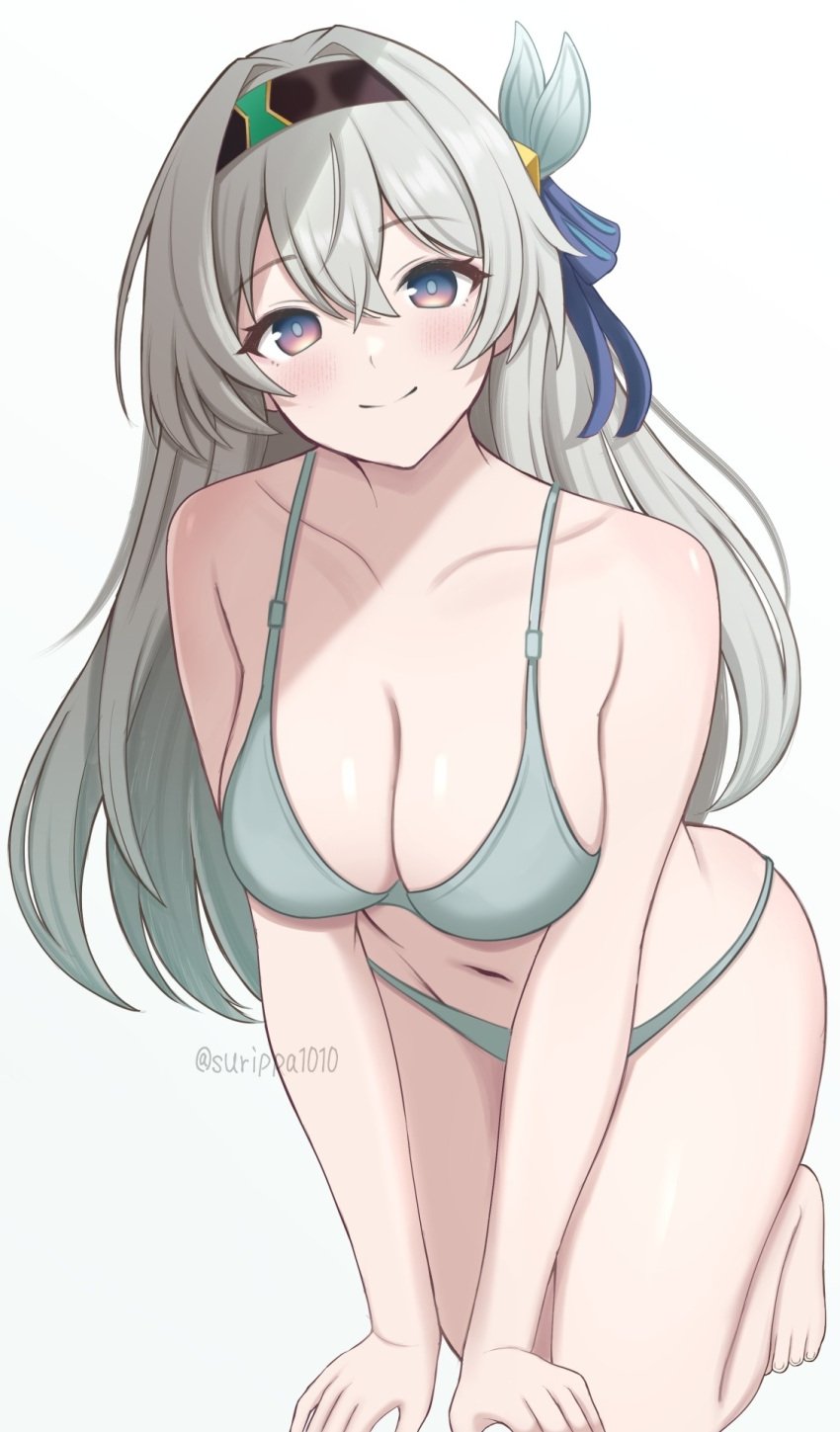 all_fours alternate_costume aqua_bikini artist_name bikini black_hairband blush breasts cleavage closed_mouth collarbone female firefly_(honkai:_star_rail) grey_hair hair_between_eyes hair_ornament hairband halterneck highres honkai:_star_rail honkai_(series) large_breasts long_hair looking_at_viewer navel simple_background smile solo stomach string_bikini surippa1010 swimsuit white_background