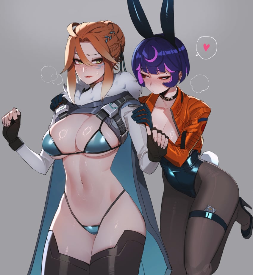 2girls big_breasts bikini blizzard_entertainment blush bunny_ears bunnysuit choker female_only freja_(overwatch) heart_symbol high_heels juno_(overwatch) lingerie mr.skull overwatch overwatch_2 purple_hair ratatatat74 red_hair voluptuous voluptuous_female white_background