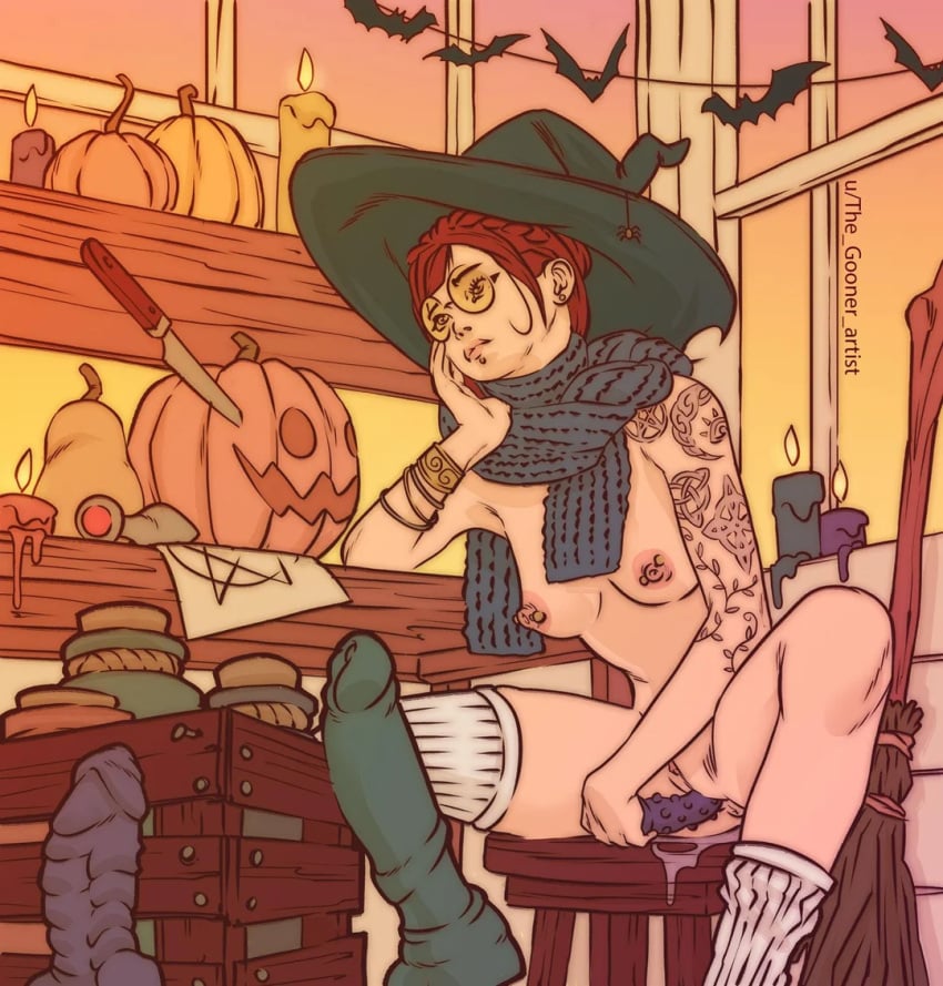 areolae artist_request bat bored bracelets broom candles casual casual_nudity character_request dildo dildo_in_pussy female female_masturbation female_only glasses halloween jack-o&#039;-lantern knife light-skinned_female light_skin long_socks masturbation medium_breasts nipple_piercing nipples pentagram pierced_nipples piercings pumpkin pussy pussy_juice pussy_juice_drip red_hair scarf small_breasts solo solo_female source_request spider summoning_circle tagme tattoo tattooed_arm thigh_socks vaginal_penetration window witch witch_hat wood