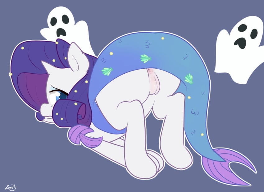 2015 anus ass_up blue_eyes clothing dress equine female feral friendship_is_magic ghost hair horn looking_back mammal my_little_pony purple_hair pussy rarity_(mlp) simple_background solo spirit unicorn zoarity