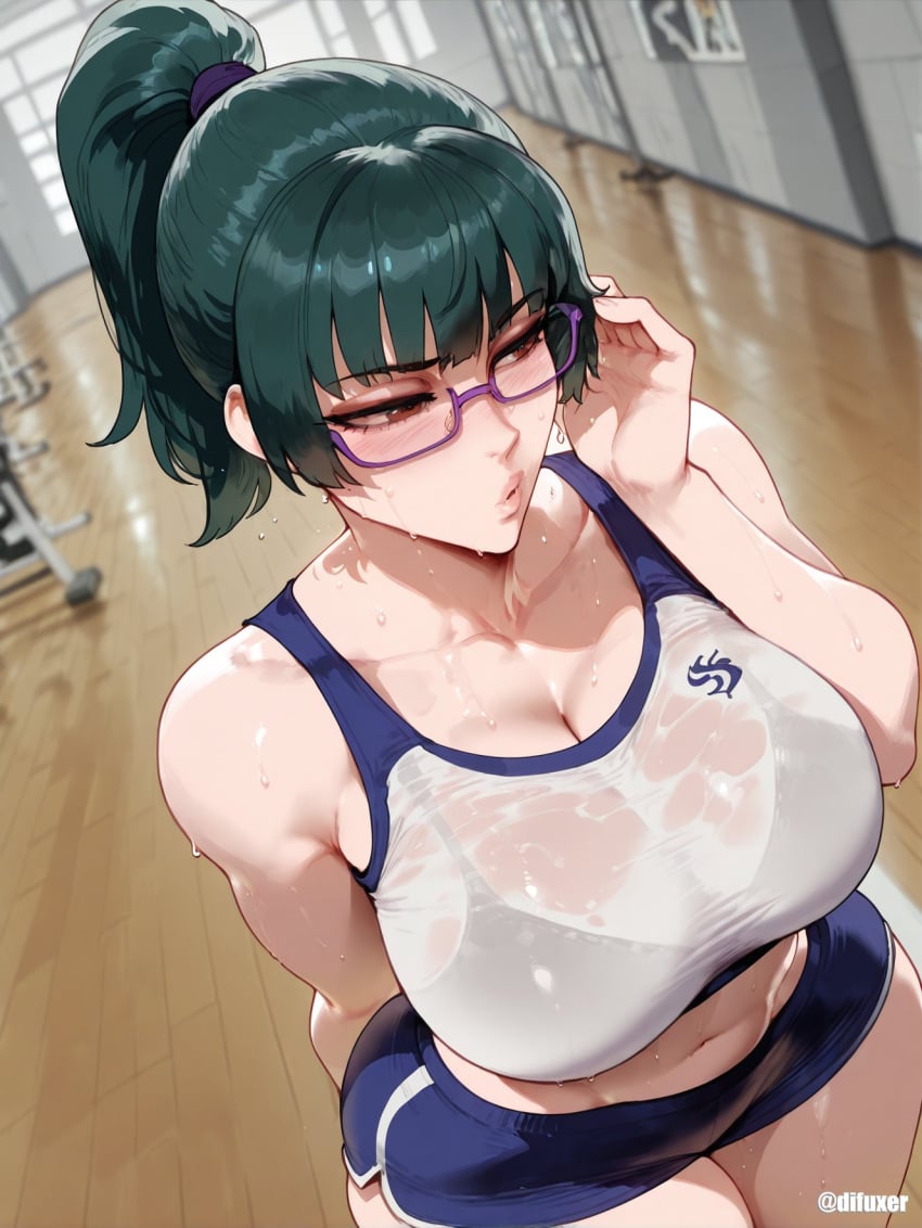 1girls ai_generated breasts cleavage difuxer female female_focus female_only jujutsu_kaisen large_breasts light-skinned_female light_skin midriff see-through solo thick_thighs thighs wet wide_hips zenin_maki